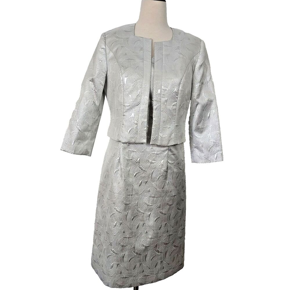 ASHRO Dress Jacket 2pc Set Sz 10 Silver Event Party Church Work Office Fall
